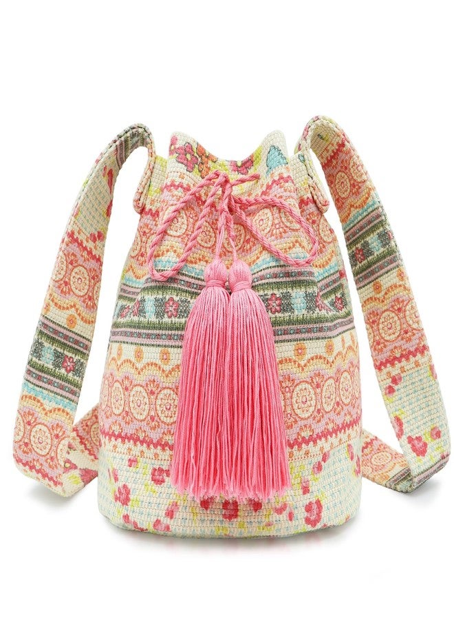 QTKJ Bohemian Floral Canvas Crossbody Bag - Large Capacity Travel Shoulder Bag With Tassels and Drawstring for Daily Use and Vacation Matching - Image 1