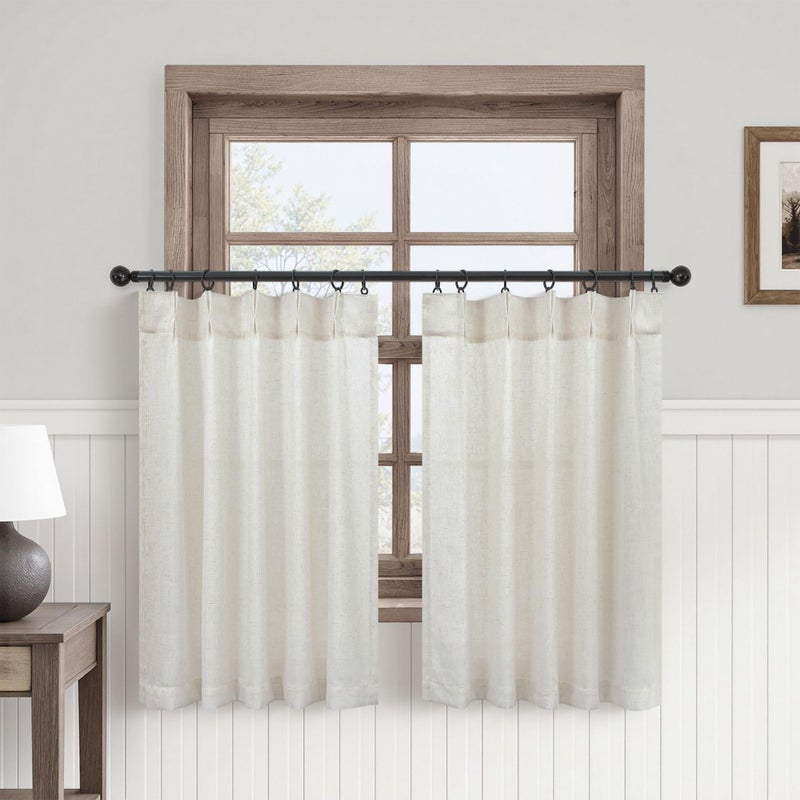 DANCURTON Pinch Pleated Cream Linen Kitchen Curtain 24 Inch Length 2 Panel Set Modern Neutral Short Cafe Curtains with Hooks Light Filtering Semi Sheer Small Window Treatment Tiers for Basement 30x24 2 FT Ivory - Image 1