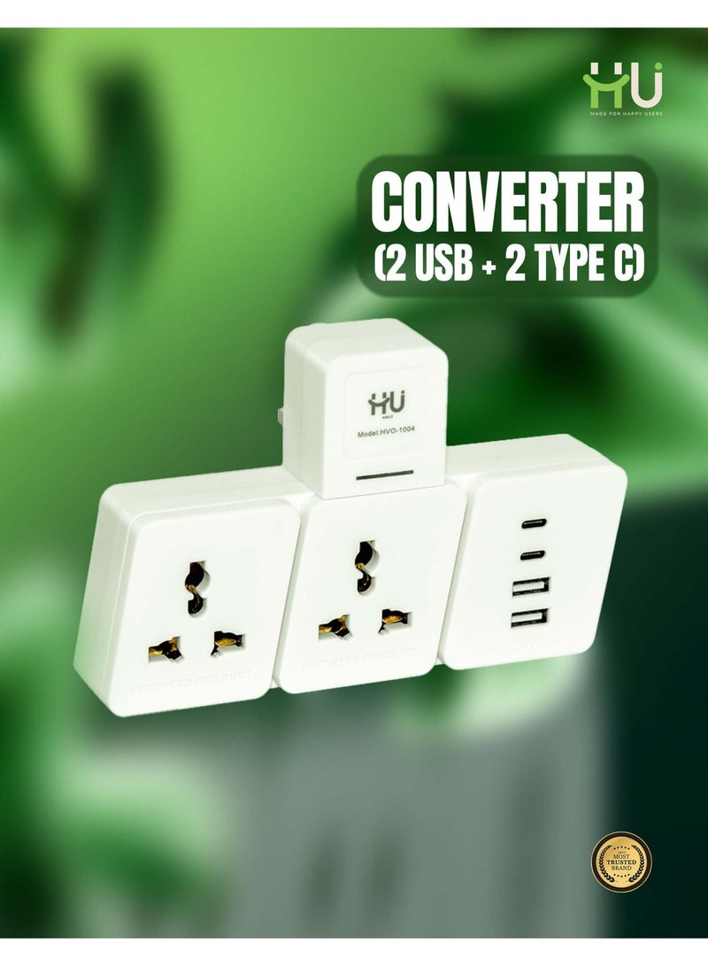 H U محول شاحن متعدد المنافذ USB و Type-C – 2 USB + 2 USB-C محول شحن سريع مع مفتاح طاقة، شاحن حائط مدمج للاستخدام المنزلي والمكتبي والسفر - Image 1