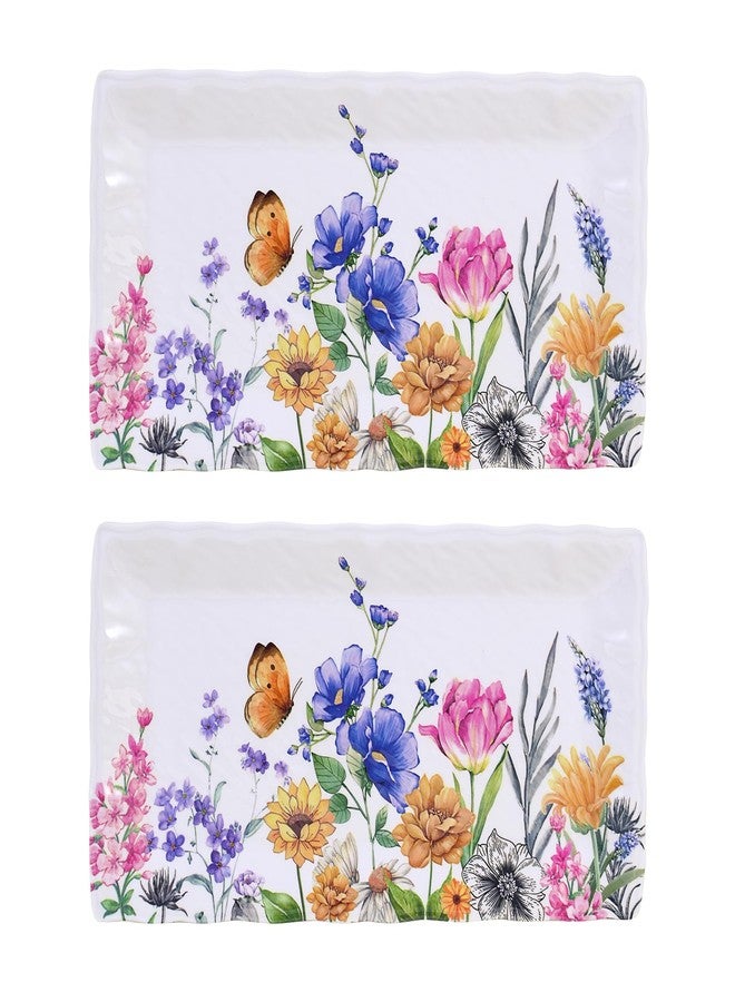 Lechoo 14.5" Rectangular Serving Platter, 2pcs White Melamine Serving Trays for Party, Flower and Butterfly Serving Platter for Appetizer Fruits, Serving Dishes for Entertaining, Large Serving Plates - Image 1