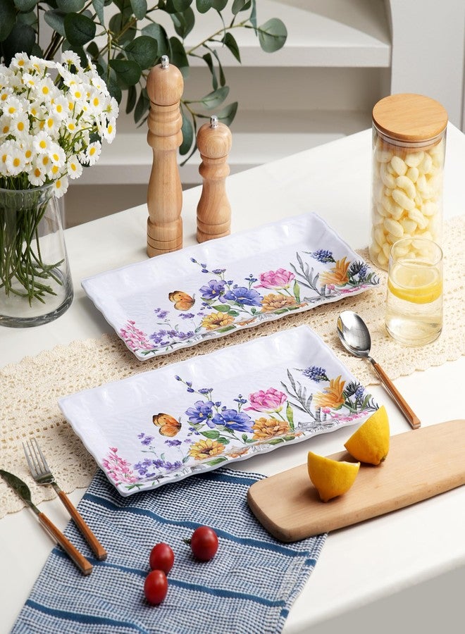 Lechoo 14.5" Rectangular Serving Platter, 2pcs White Melamine Serving Trays for Party, Flower and Butterfly Serving Platter for Appetizer Fruits, Serving Dishes for Entertaining, Large Serving Plates - Image 2