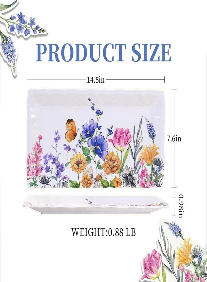 Lechoo 14.5" Rectangular Serving Platter, 2pcs White Melamine Serving Trays for Party, Flower and Butterfly Serving Platter for Appetizer Fruits, Serving Dishes for Entertaining, Large Serving Plates - Image 3