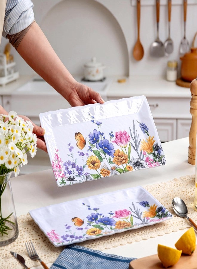 Lechoo 14.5" Rectangular Serving Platter, 2pcs White Melamine Serving Trays for Party, Flower and Butterfly Serving Platter for Appetizer Fruits, Serving Dishes for Entertaining, Large Serving Plates - Image 4