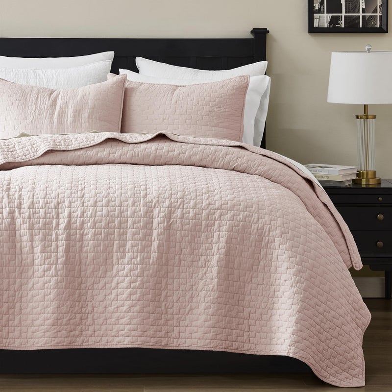 palassio Pink 100% Cotton Quilt Queen Size Bedding Sets with 2 Pillow Shams, Textured Lightweight Soft Bedspread Shabby Chic Coverlet, Quilted Comforter Bed Cover for All Season, 3 Pieces - Image 1