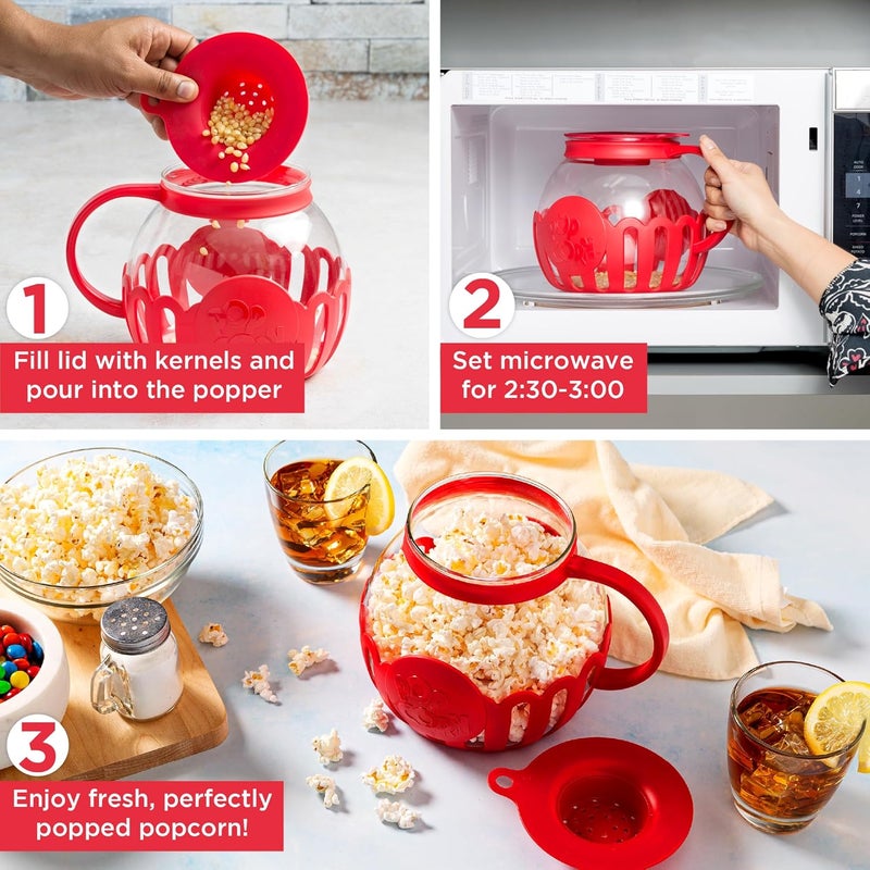 Ecolution Patented Micro-Pop Microwave Popcorn Popper with Temperature Safe Glass, 3-in-1 Lid Measures Kernels and Melts Butter, Made Without BPA, Dishwasher Safe, 3-Quart, Red - Image 3