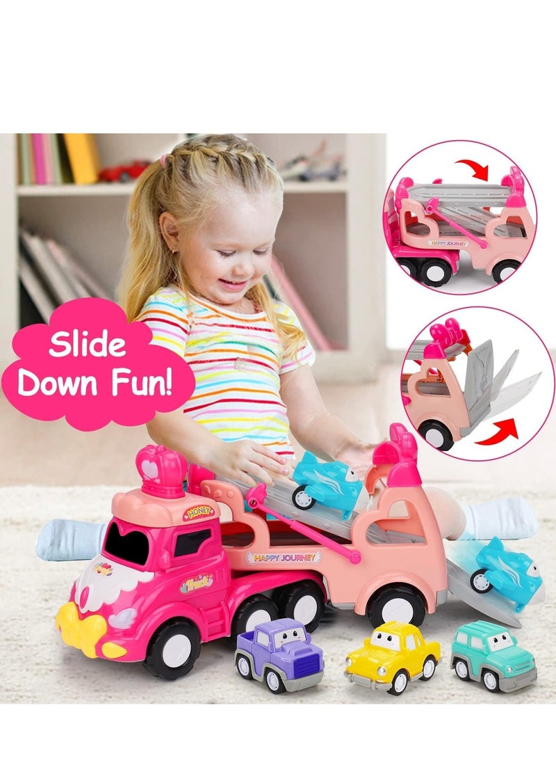 Excefore 5 in 1 Transport Toy Trucks for Toddlers with Lights Music Pink Princess Car Toys for 1 2 3 4 Year Old Girls Carrier Truck Vehicle Little Toddler Girl Toy  - Image 5