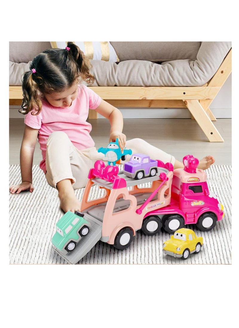 Excefore 5 in 1 Transport Toy Trucks for Toddlers with Lights Music Pink Princess Car Toys for 1 2 3 4 Year Old Girls Carrier Truck Vehicle Little Toddler Girl Toy  - Image 2