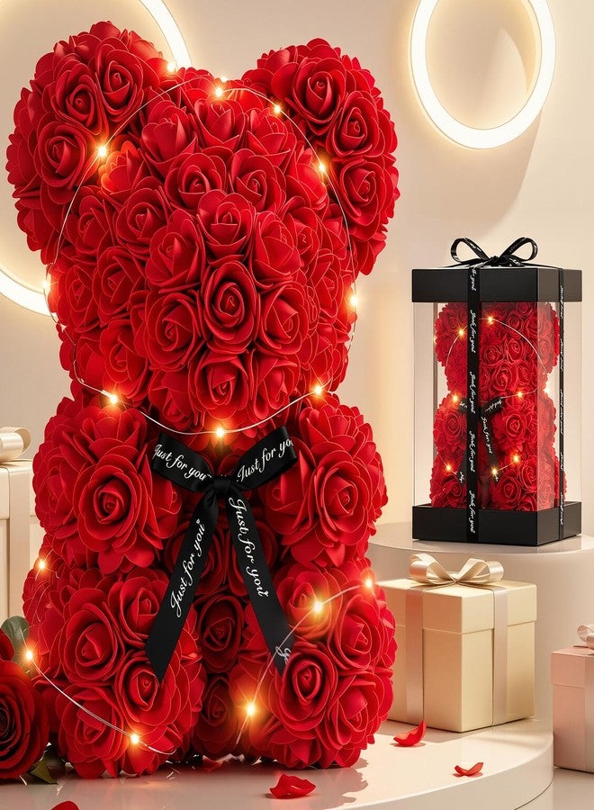 Otlonpe Preserved Artificial Roses Flowers Bear, Forever Women Gifts for Birthday Christmas Valentines Mothers Day, 9'' Red Rose Flower Small Bear Lamp in Box, Gifts for Women Mom Grandma Daughter - Image 1