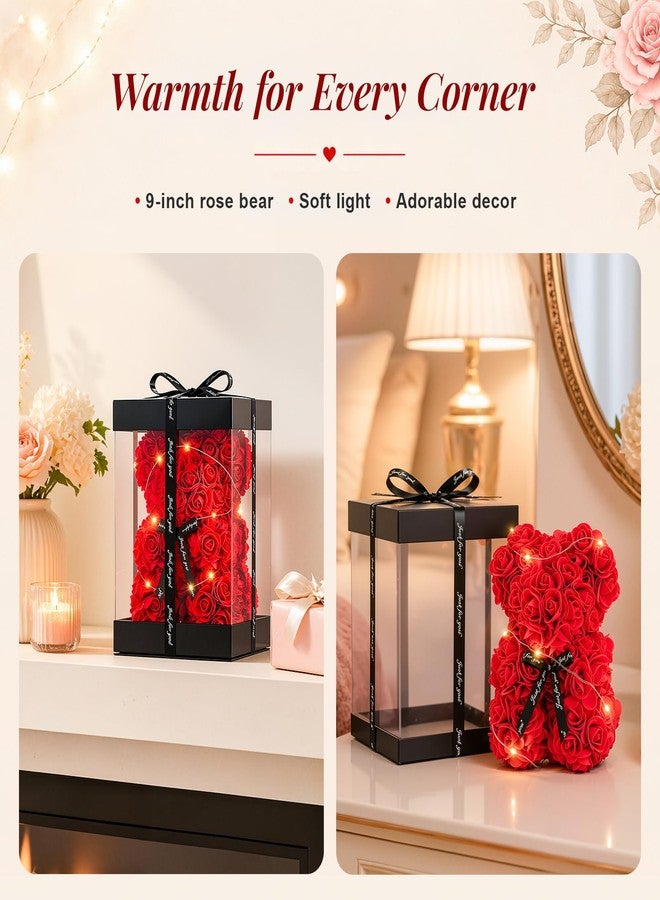 Otlonpe Preserved Artificial Roses Flowers Bear, Forever Women Gifts for Birthday Christmas Valentines Mothers Day, 9'' Red Rose Flower Small Bear Lamp in Box, Gifts for Women Mom Grandma Daughter - Image 4