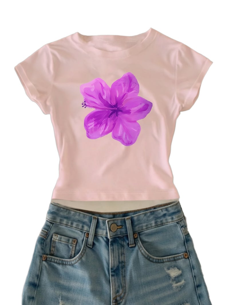 00008 - Women's Casual Top with Large Petal Print, Girly Heart, Ins - Style American Fashion, Versatile T - Shirt, New Summer Trendy Short Sleeve - CC73 - Pink 2 / XS - Image 1