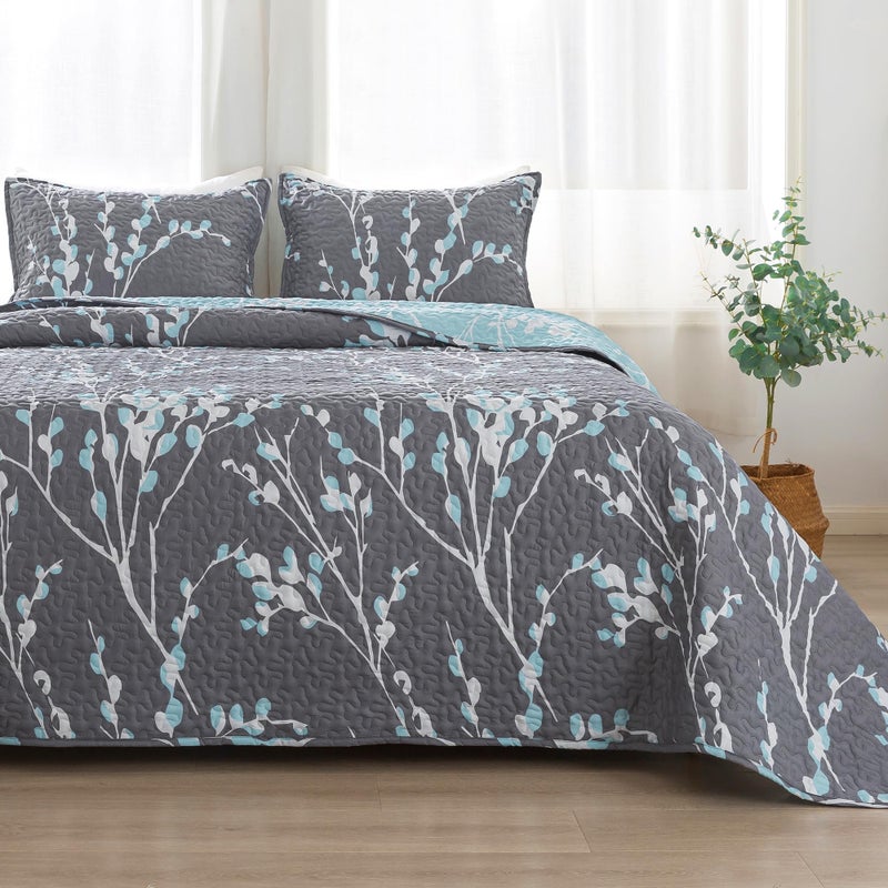 Andency Queen Quilt Bedding Set Grey Blue 96x90 Inch 3 Pieces Floral Lightweight Bedspread Microfiber Reversible Flower Quilted Coverlet with 2 Pillowcases for Men Women