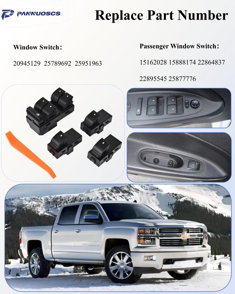 PANNUOSCS Driver Side Power Master Window Switch & 3 Pcs Passenger Window Switches Compatible with 2007-2013 Chevy Silverado Traverse/GMC Sierra 1500 2500HD 3500HD/2010-2013 Yukon/2008-2011 HHR OE 20945129 - Image 3