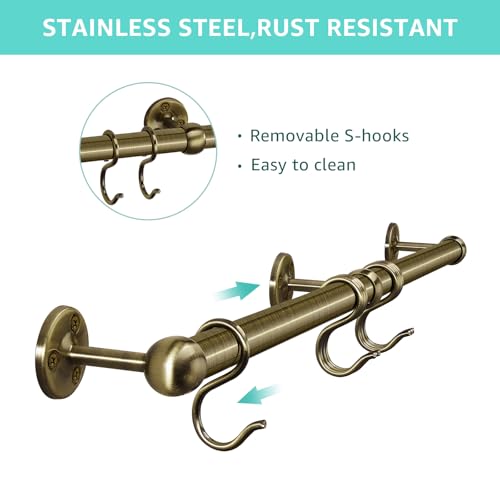 ROTHLEY Stainless Steel Hanging Pot Rack Hanger: 23.7 Inch Pot and Pan Hanger Wall Mounted Hanging Pot Bar Rack Heavy Duty Pot Hangers Kitchen Rail with 8 S Hooks (Antique Brass) - Image 3