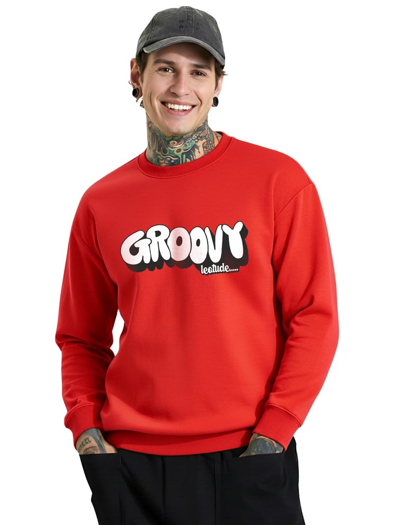 LEOTUDE Printed Red Full Sleeves Round Neck Regular Fit Men Fleece Casual Sweatshirt | Casual Winter Sweatshirts for Men |(W11_Brown_P_ZRed_L) - Image 1