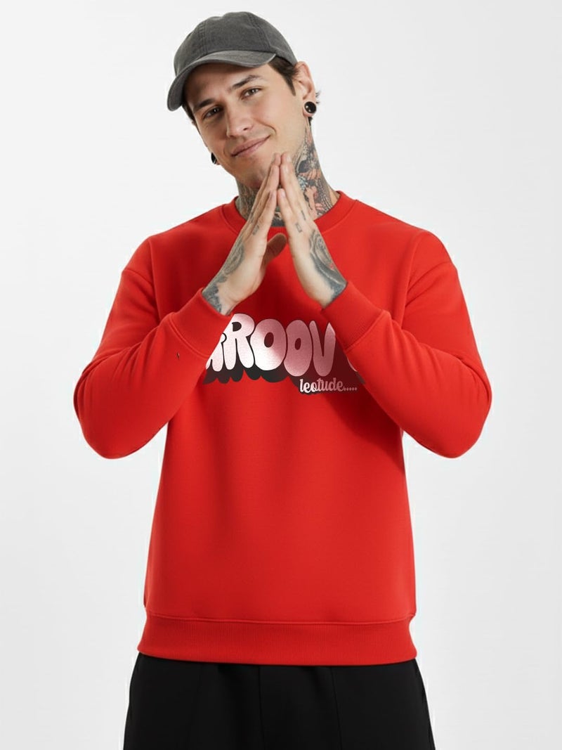 LEOTUDE Printed Red Full Sleeves Round Neck Regular Fit Men Fleece Casual Sweatshirt | Casual Winter Sweatshirts for Men |(W11_Brown_P_ZRed_L) - Image 3
