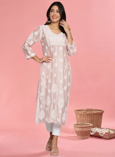 Alaya Hand Embroidered Chikankari Chanderi Angarkha Kurta With Mukaish Work-AL3672