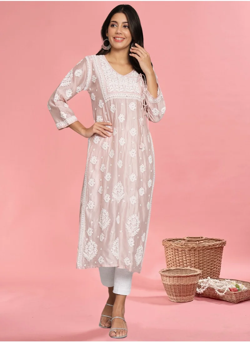 Alaya Hand Embroidered Chikankari Chanderi Angarkha Kurta With Mukaish Work-AL3672