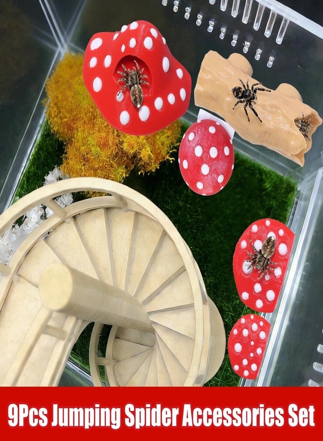 Hollima 9 Pcs 3D Jumping Spider Enclosure Accessories Set, Red Magnetic Jumping Spider Mushroom Platforms, Climbing Net Trunk Hideouts for Small Pets Terrarium Decor - Image 4