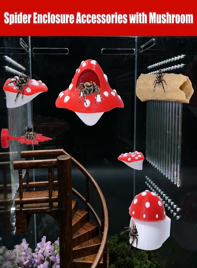 Hollima 9 Pcs 3D Jumping Spider Enclosure Accessories Set, Red Magnetic Jumping Spider Mushroom Platforms, Climbing Net Trunk Hideouts for Small Pets Terrarium Decor - Image 3