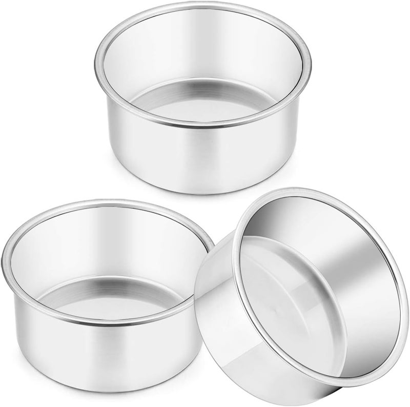 TeamFar 4 Inch Cake Pan, Mini Cake Pan Small Round Baking Tins Set Stainless Steel, For Baking Steaming Serving, Healthy & Sturdy, Easy Clean & Dishwasher Safe - Set of 3 - Image 1