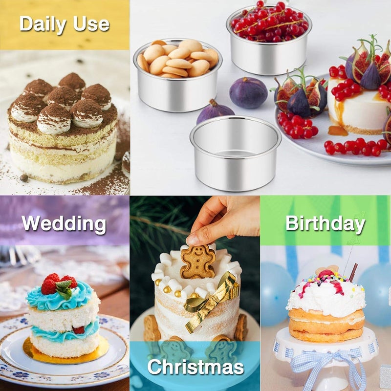 TeamFar 4 Inch Cake Pan, Mini Cake Pan Small Round Baking Tins Set Stainless Steel, For Baking Steaming Serving, Healthy & Sturdy, Easy Clean & Dishwasher Safe - Set of 3 - Image 3