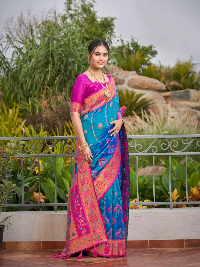 MANOHARI Women's Most Trendy Banarasi Woven Blue with Pink Saree With Heavy Jacquard Work Saree With Blouse Piece(Blue_MN1961) - Image 5