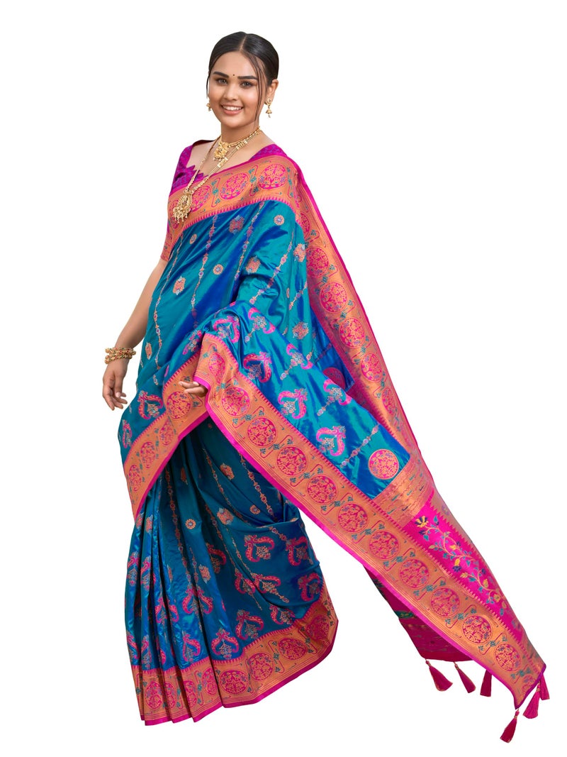 MANOHARI Women's Most Trendy Banarasi Woven Blue with Pink Saree With Heavy Jacquard Work Saree With Blouse Piece(Blue_MN1961) - Image 1