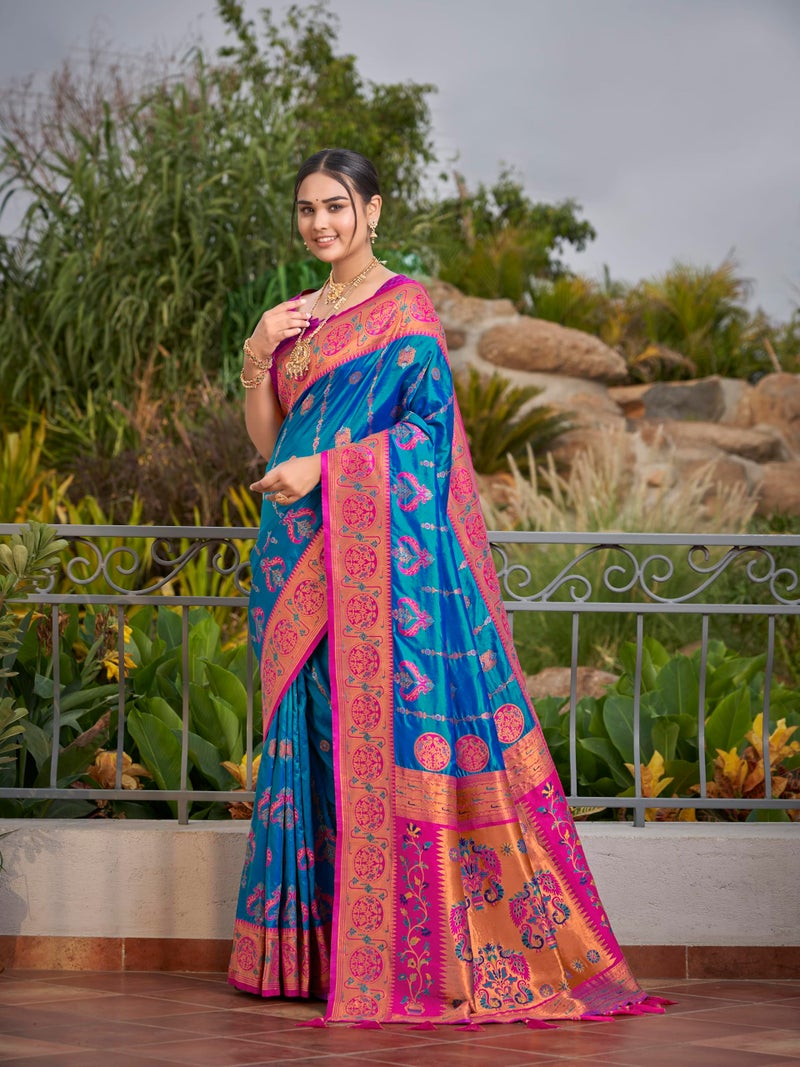MANOHARI Women's Most Trendy Banarasi Woven Blue with Pink Saree With Heavy Jacquard Work Saree With Blouse Piece(Blue_MN1961) - Image 3