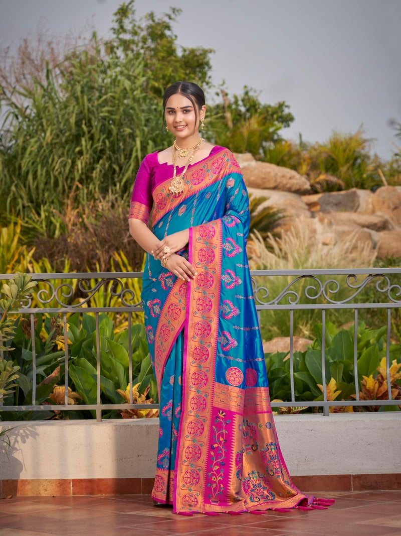MANOHARI Women's Most Trendy Banarasi Woven Blue with Pink Saree With Heavy Jacquard Work Saree With Blouse Piece(Blue_MN1961) - Image 2