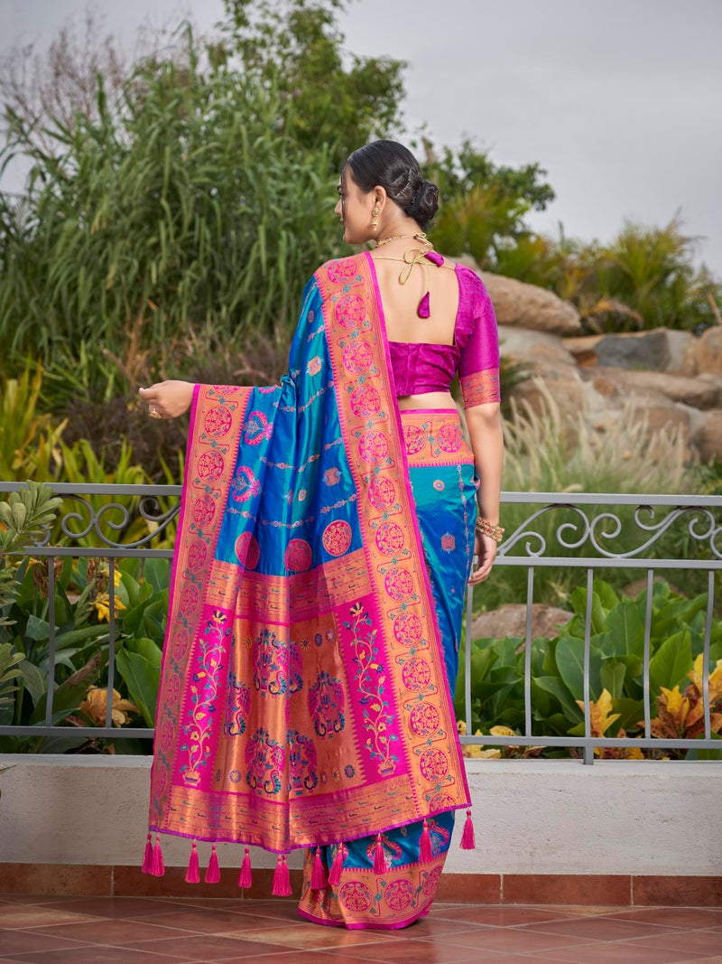 MANOHARI Women's Most Trendy Banarasi Woven Blue with Pink Saree With Heavy Jacquard Work Saree With Blouse Piece(Blue_MN1961) - Image 4
