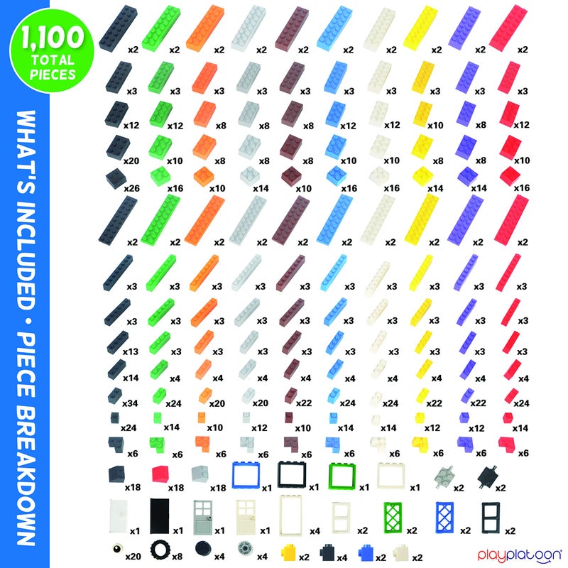 Play Platoon 1120 Pieces Building Bricks Set  10 Classic Color Blocks  Bulk Building Blocks Compatible with Major Brands  14 Different Shape Bricks  Includes Wheels Tires Axles Windows  Door - Image 3