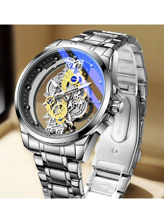 New Hollow Mens Watch Luminous Waterproof Quartz Silver