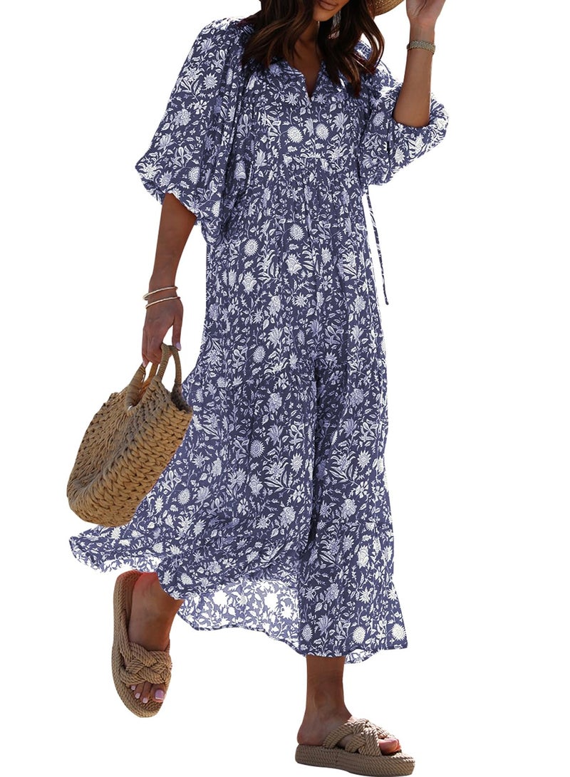 miduo Womens Maxi Dress Casual Loose V Neck Summer Half Sleeve Floral Beach Boho Maxi Long Dresses Floor Length L - Image 1