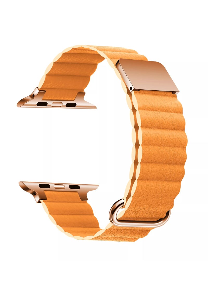 MOCOM Magnetic Leather Loop Strap Watch Band for Apple Watch Ultra 49mm Series 8 45mm 44mm 42mm Leather Magnet Ultra Band Strap – Orange  - Image 1