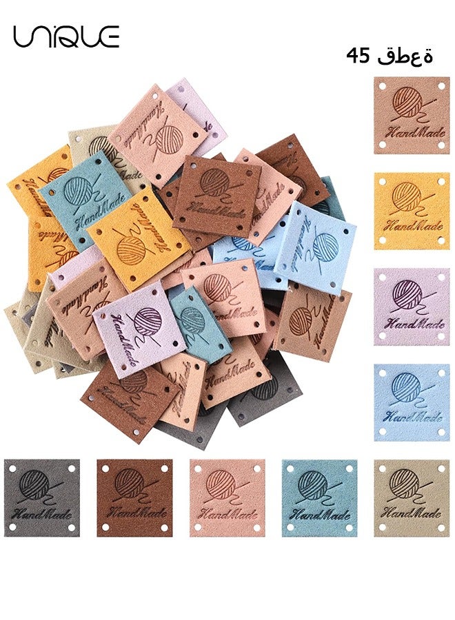 Unique 45 Pcs PU Leather Handmade Label, Colorful Handmade Tags for Crochet Items Handmade Clothing Labels Embellishments Knit Embossed Tag with Holes for DIY Crafts Sewing Jeans Bag Shoes Hat (9 Color) - Image 1