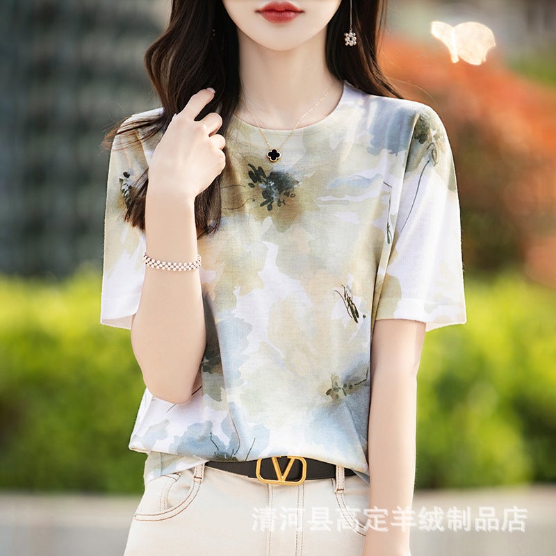 There Is Always A Suitable One-Summer Classic Joker Mulberry Silk Various Printed Pattern Round Neck Short Sleeve T-Shirt - Image 1