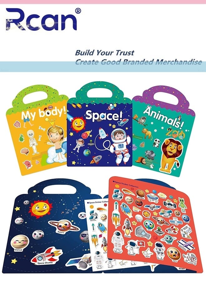 Rcan Reusable Sticker Books for Kids, Birthday Gifts for 2 3 4 5 Year Old Girl, Boy, Stickers for Kids, Learning Toys, Journal Paper Stickers Scrapbooking Stationery Sticker, Animal+Ocean+Space+My body - Image 1
