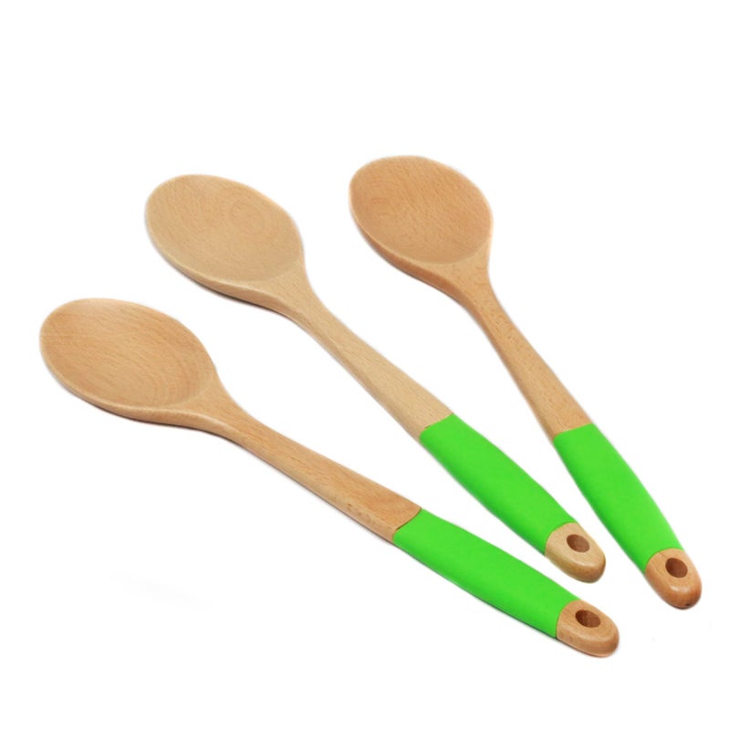 Chef Craft Premium Silicone Handle Wooden Spoon Set 14 inch Green