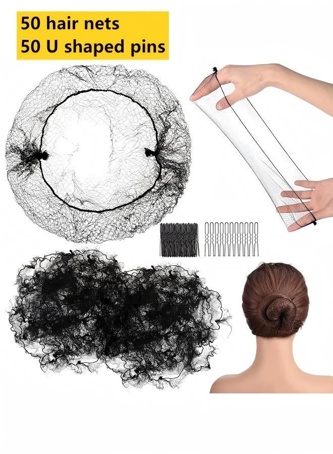 Set of 50 hair nets and 50 U shaped pins Invisible Elastic Hair Nets And Clips For Making Ballerina Hair Buns - Image 1