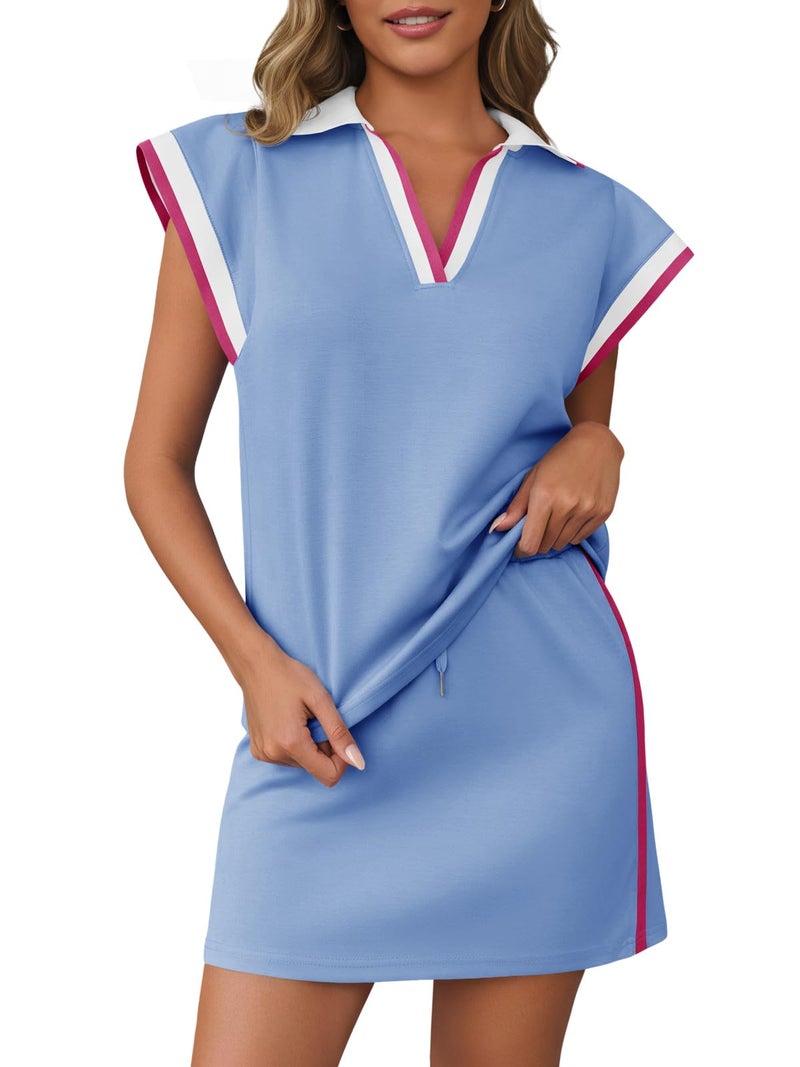 Fisoew Womens 2 Piece Skirt Set Summer Cap Sleeve Tops Matching Tennis Skirts Casual Color Block Vacation Outfits Lounge Sets - Image 1