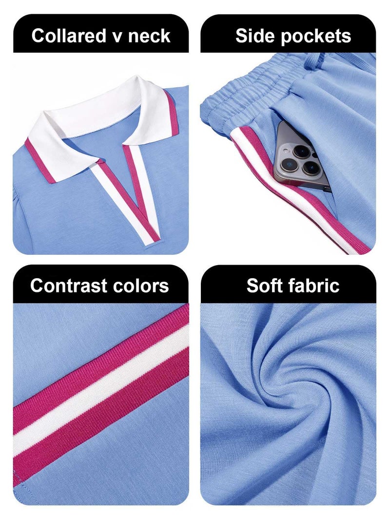 Fisoew Womens 2 Piece Skirt Set Summer Cap Sleeve Tops Matching Tennis Skirts Casual Color Block Vacation Outfits Lounge Sets - Image 5