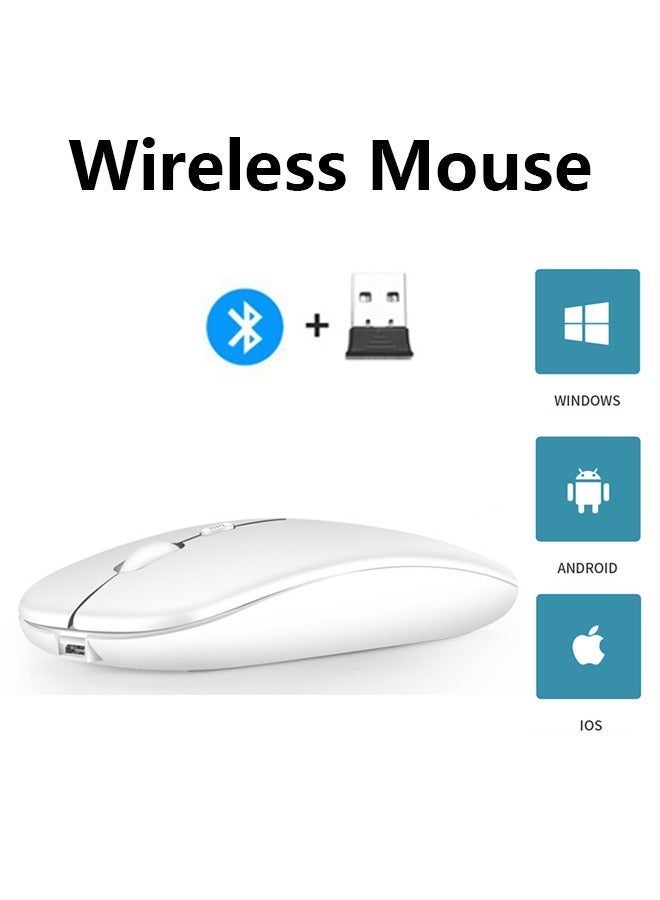 Wireless Bluetooth Mouse, Bluetooth 5.1 + USB, 2.4GHz Rechargeable Silent Bluetooth Wireless Mouse, Computer Mice with USB Receiver(White) - Image 1