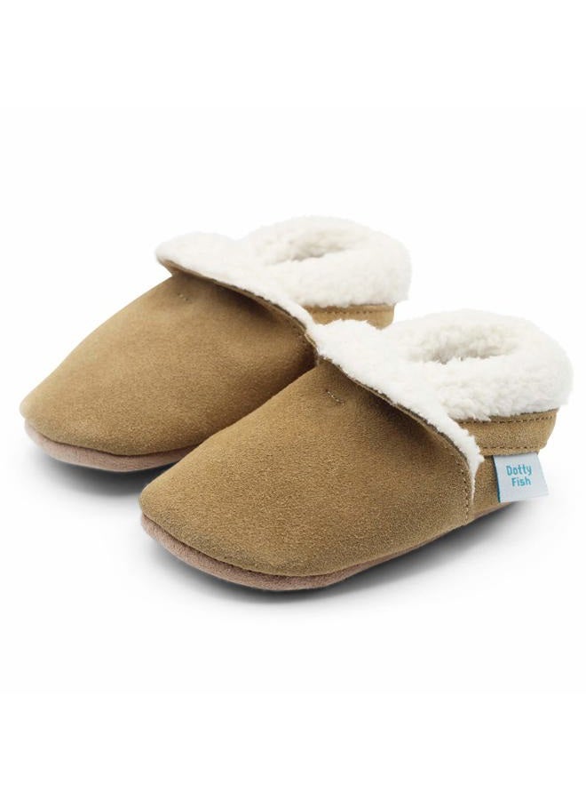 Dotty Fish Suede Baby Slippers. Warm Fleece Lined. Infant Toddler Shoes. Non-Slip Soft Sole. Boys Girls. 0-6 Months - 5-6 Years, Tan, 18-24 Months - Image 1