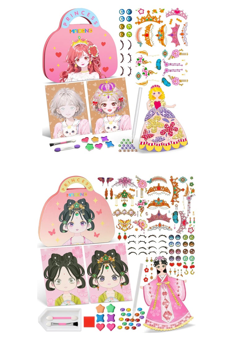 TFIXOL 2pcs Art Craft Activity for Kids, Paper Craft Kits - Paper Makeup DIY Girls Toy Kit with Diamond Painting & Princess Dress Up Set, Birthday Party Gift for Girls - Image 1