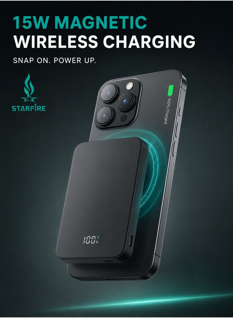 Starfire 10000mAh Wireless Magsafe Power Bank, MagSafe-Compatible 15W Wireless + 22.5W Type-C Fast Charging, LED Digital Display, Magnetic Portable Charger for iPhone & Android (Black) - Image 3
