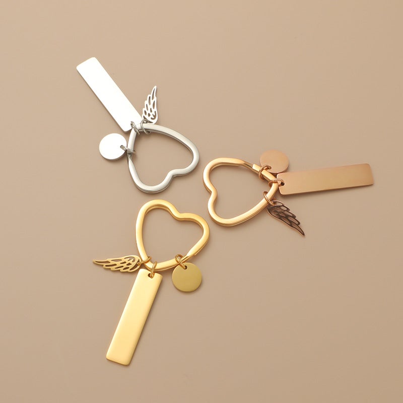 New Stainless Steel Love Ring Round Piece Small Wings Long Anti-Lost Brand Code Engraved Logo Key Chain Pendant - Image 4