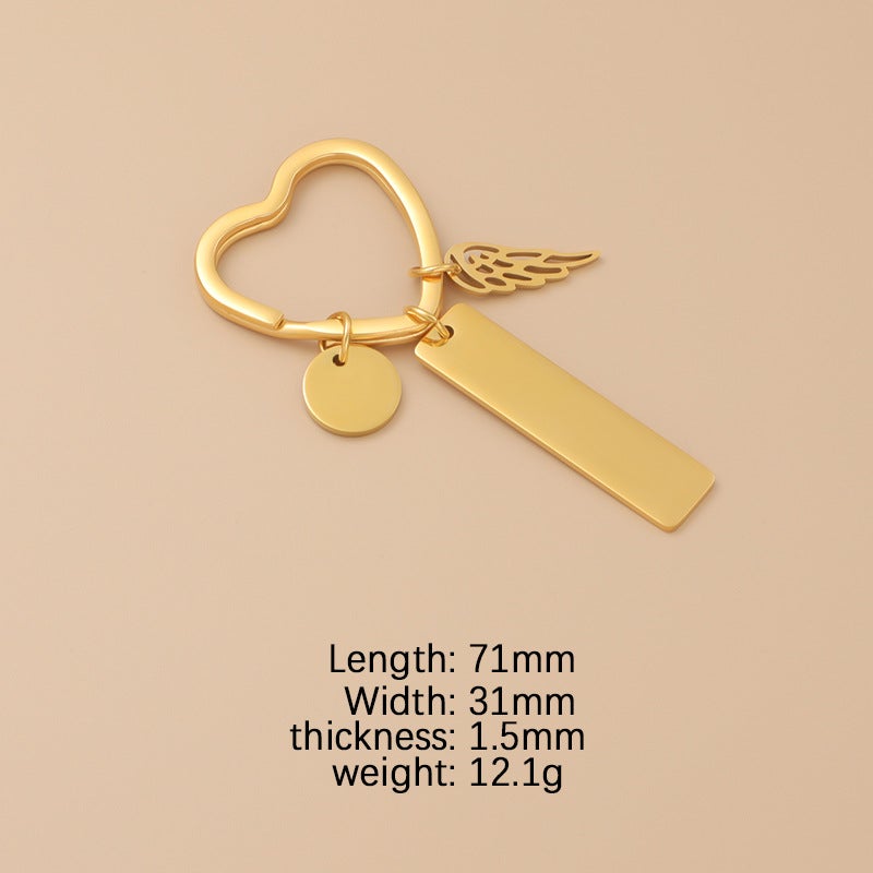 New Stainless Steel Love Ring Round Piece Small Wings Long Anti-Lost Brand Code Engraved Logo Key Chain Pendant - Image 1