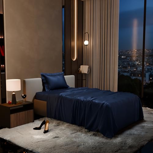 Stoa Paris Single Bedsheet with 1 Pillow Cover, 300TC Satin Premium Bedding Set, Home Decor, Wedding Gift for Couples, Housewarming, Anniversary, Date Night - Mystique Blue - Image 2