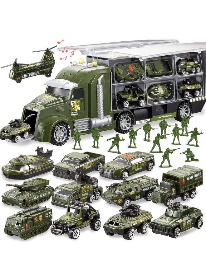 JOYIN 25 in 1 Green Military Big Truck Toys, Army Men Tanks Set with Soldier Men, Mini Battle Car Toy in Carrier Truck with Lights and Sounds, Gifts for Toddler Kids Boys Ages 3+ - Image 1