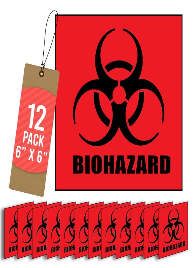 Safety Supply Mart ملصق تحذير من المخاطر البيولوجية، 6 بوصات × 6 بوصات، عبوة من 12 ملصقًا، ورق مطلي، ملصق رمز المخاطر البيولوجية العالمي باللون الأحمر البرتقالي للاستخدام في المستشفيات والصناعات، ذاتي اللصق - Image 1